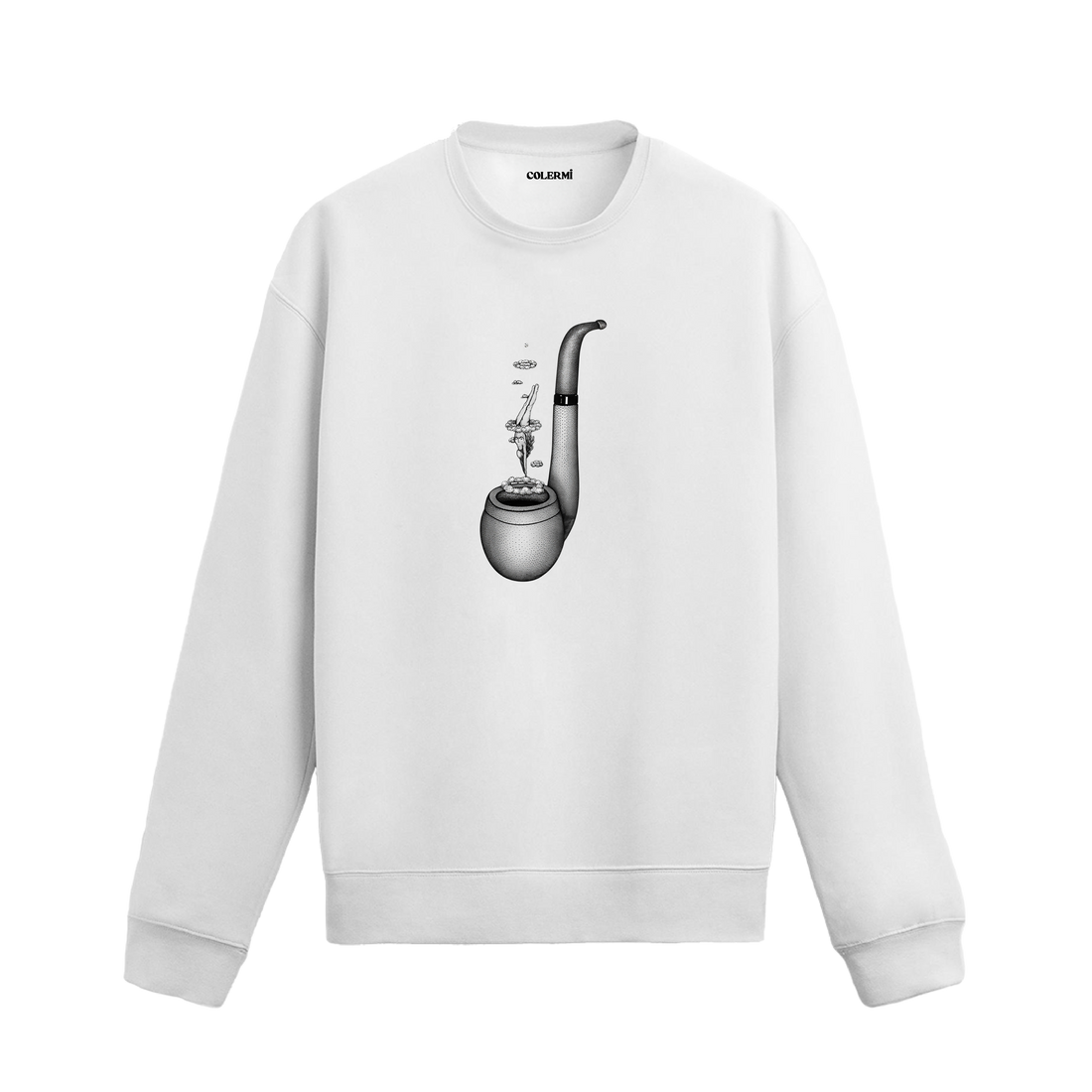 Pipo içinden yükselen bulutlara dalış yapan kadın figürlü sürreal sweatshirt deseni.