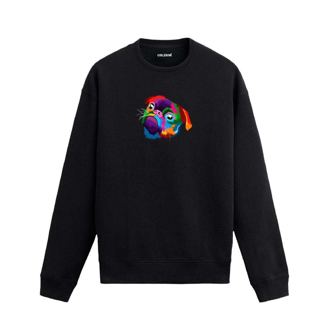 Siyah sweatshirt üzerinde renkli pop art Pug köpek baskısı