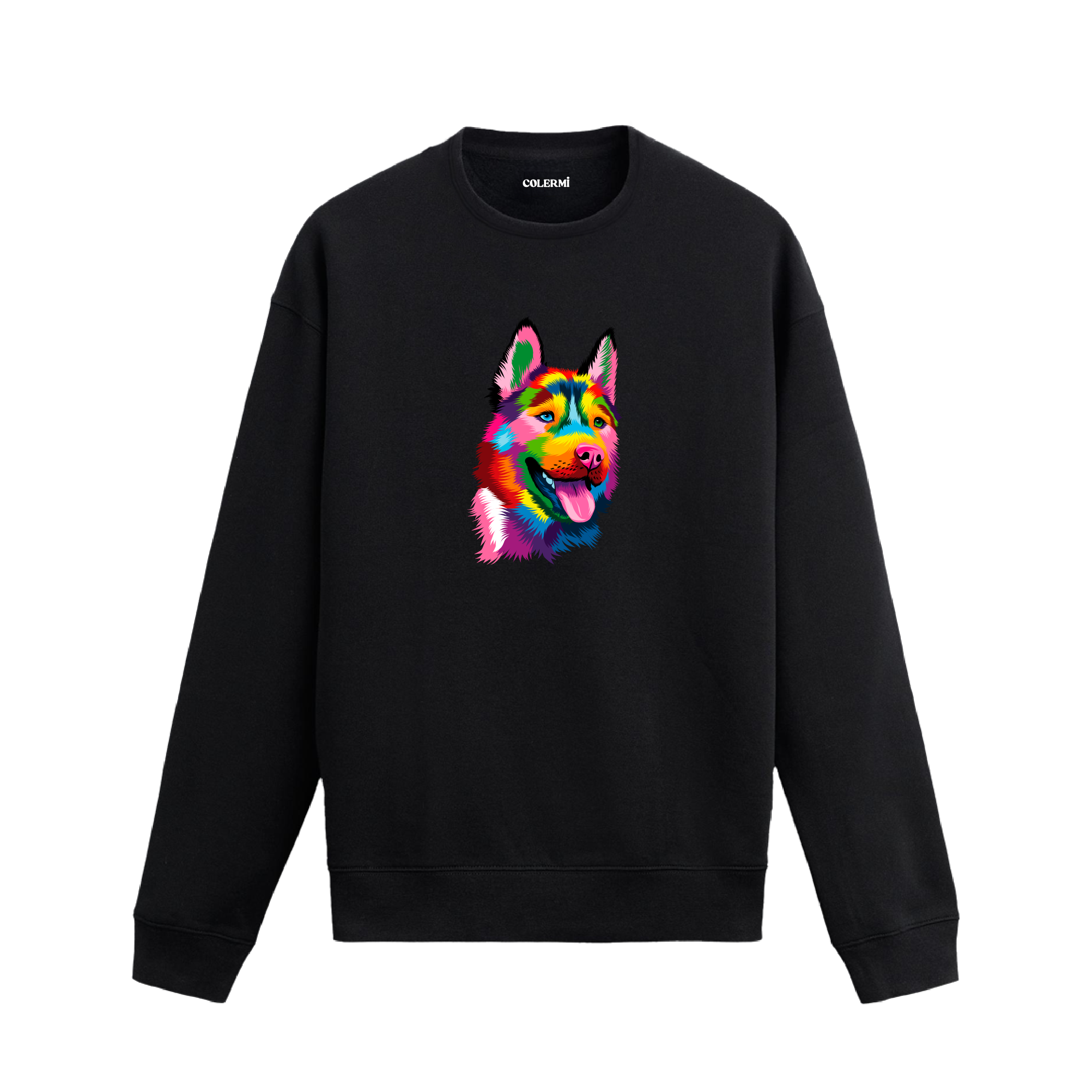 Siyah sweatshirt üzerinde renkli Alman Kurdu baskısı
