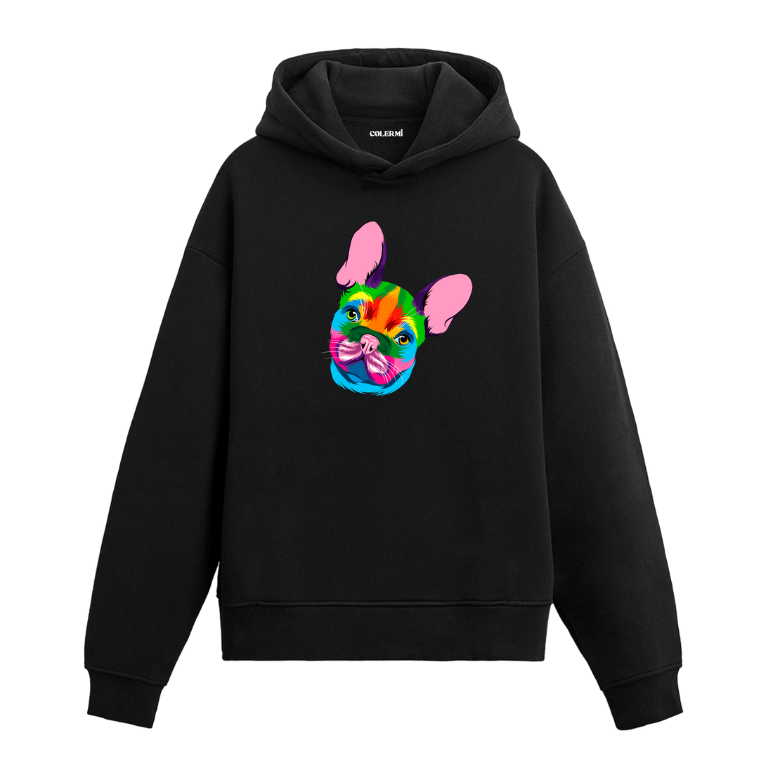 Renkli Fransız Bulldog baskılı siyah hoodie
