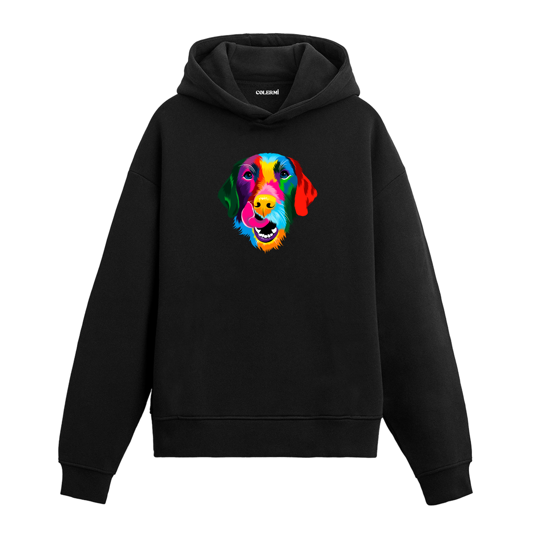 Renkli golden retriever baskılı siyah Colermi hoodie