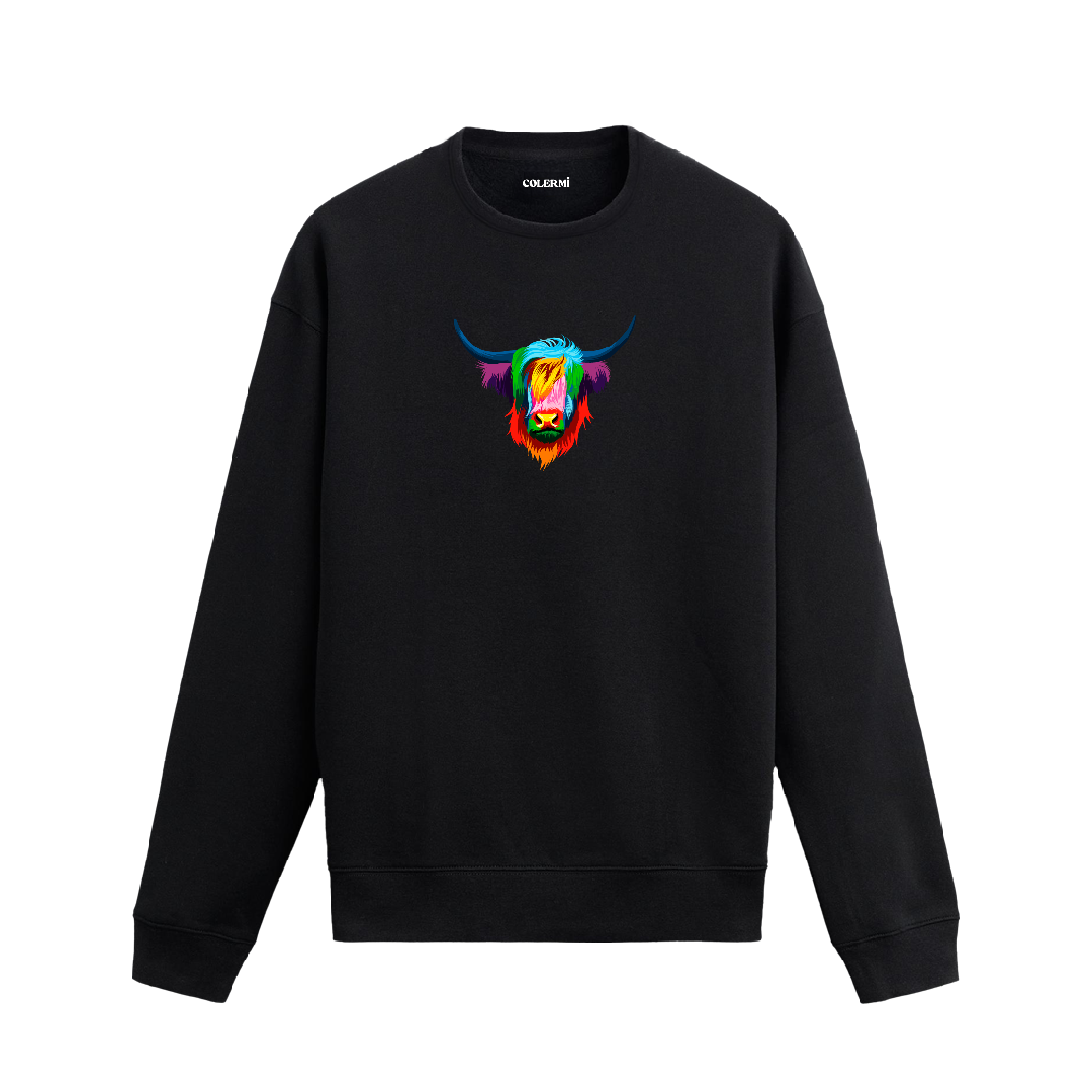 Renkli Highland Cow baskılı siyah sweatshirt – uzun tüylü İskoç ineği tasarımı