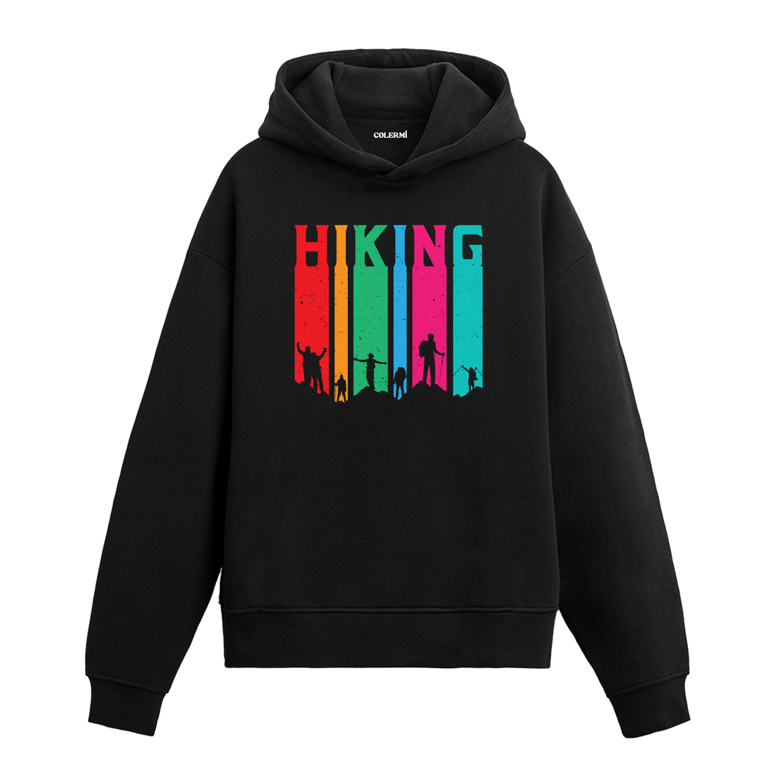 Siyah hoodie üzerinde renkli hiking ve yürüyüş figürleri tasarımı