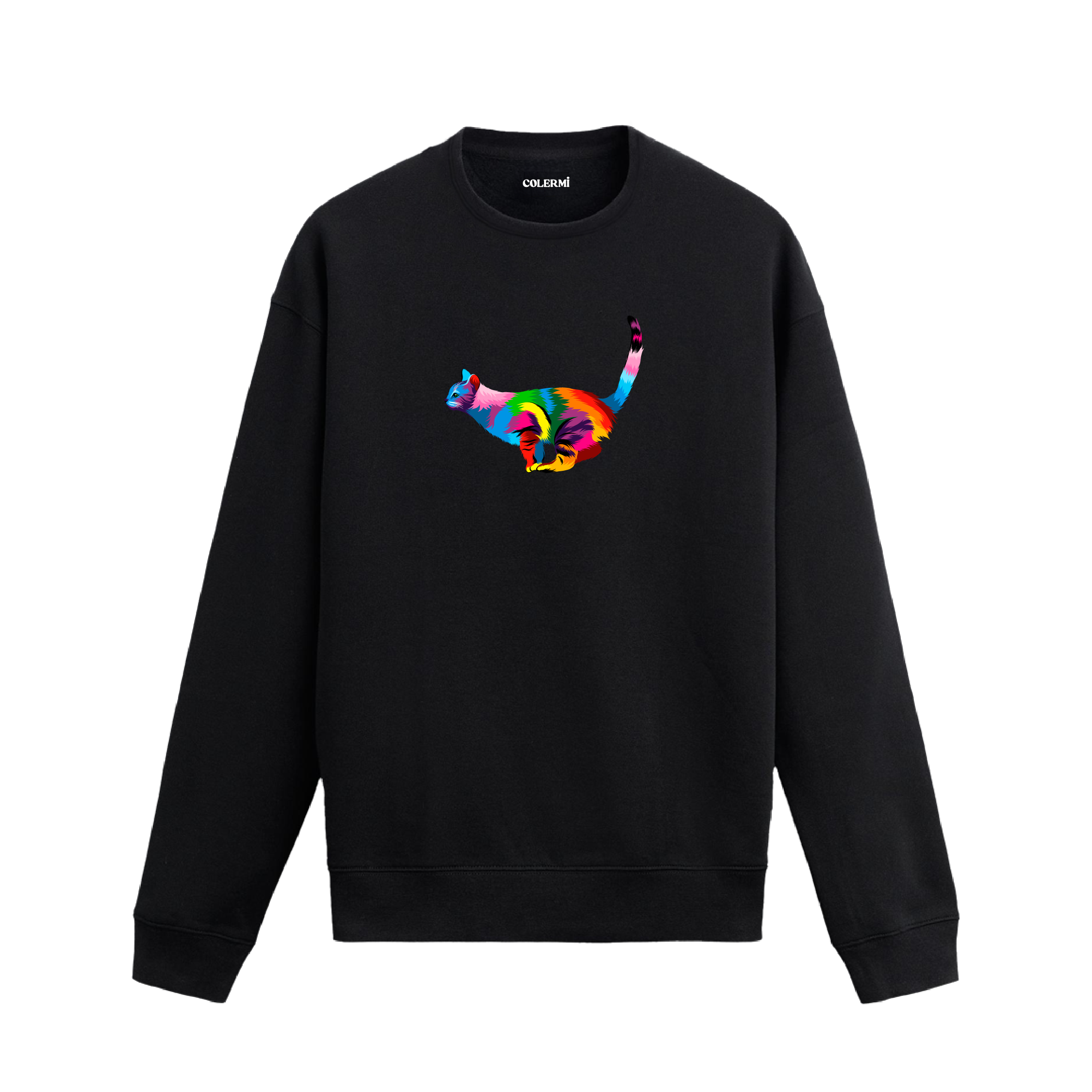 Siyah sweatshirt üzerinde sanatsal renkli kedi baskısı.