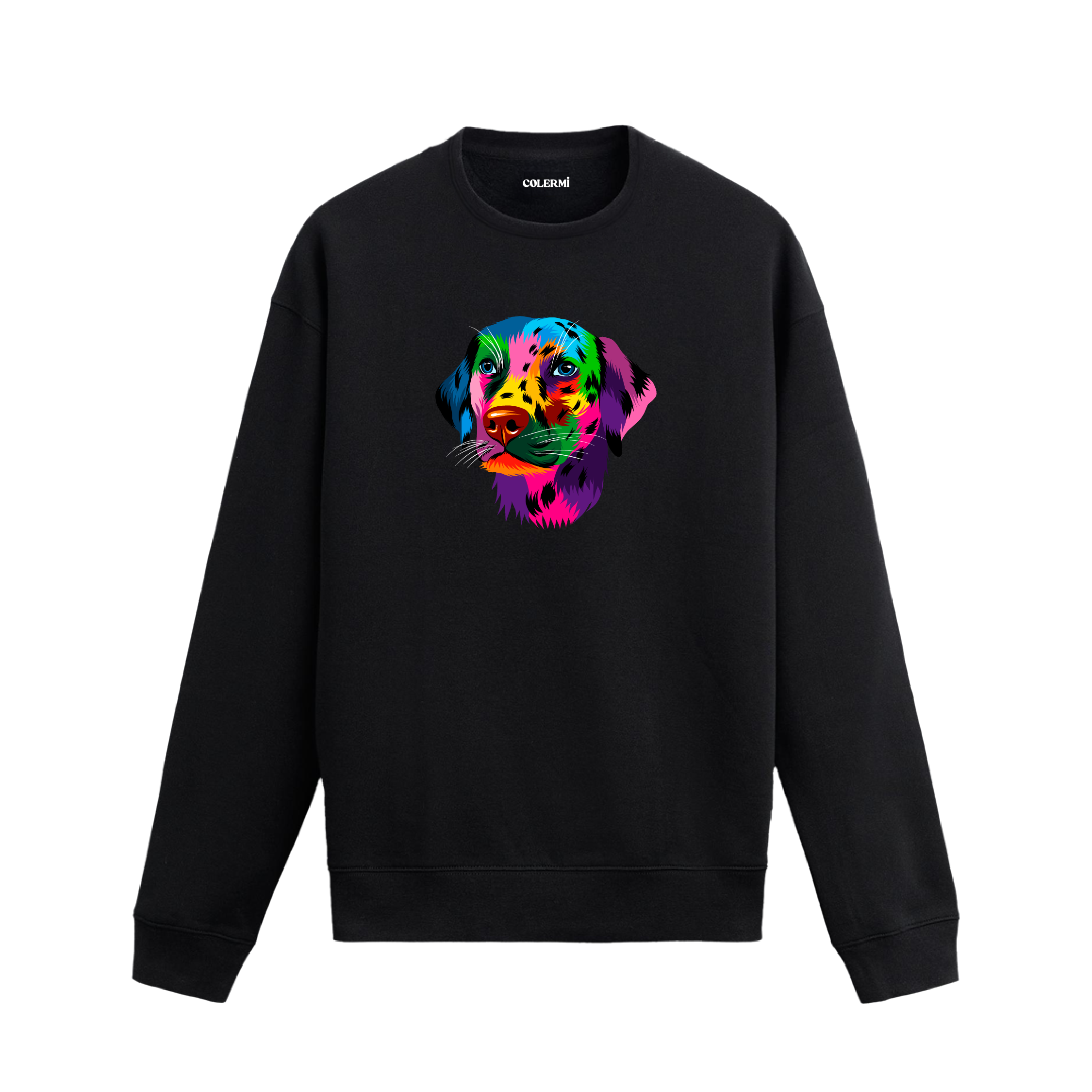 Siyah sweatshirt üzerinde renkli Labrador köpek baskısı