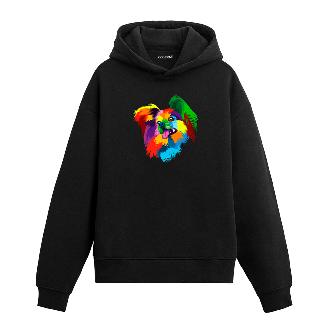 Renkli Papillon köpek baskılı siyah hoodie
