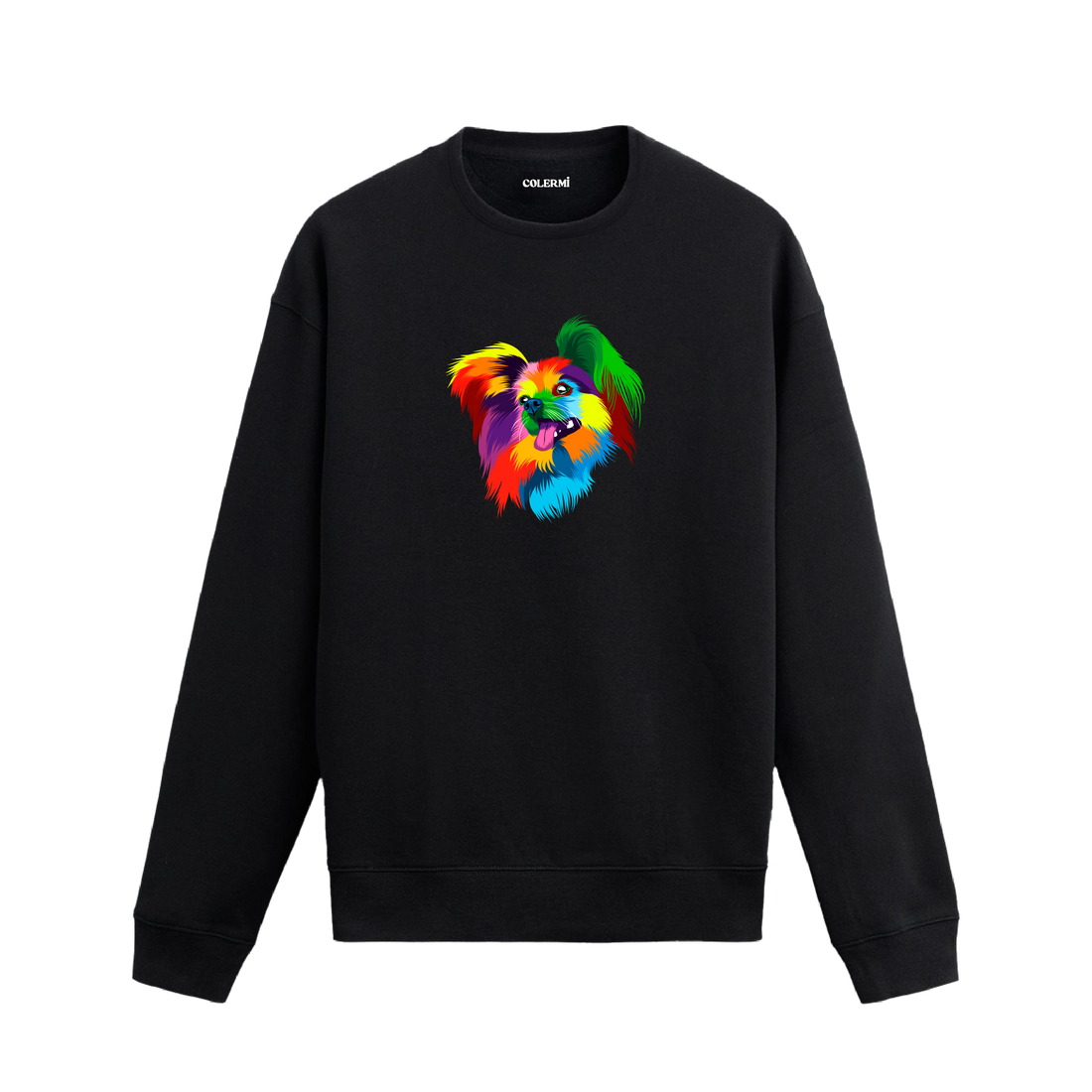 Siyah sweatshirt üzerinde renkli Pomeranian köpek baskısı