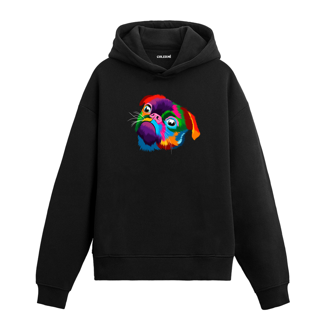 Renkli pug baskılı siyah Colermi hoodie