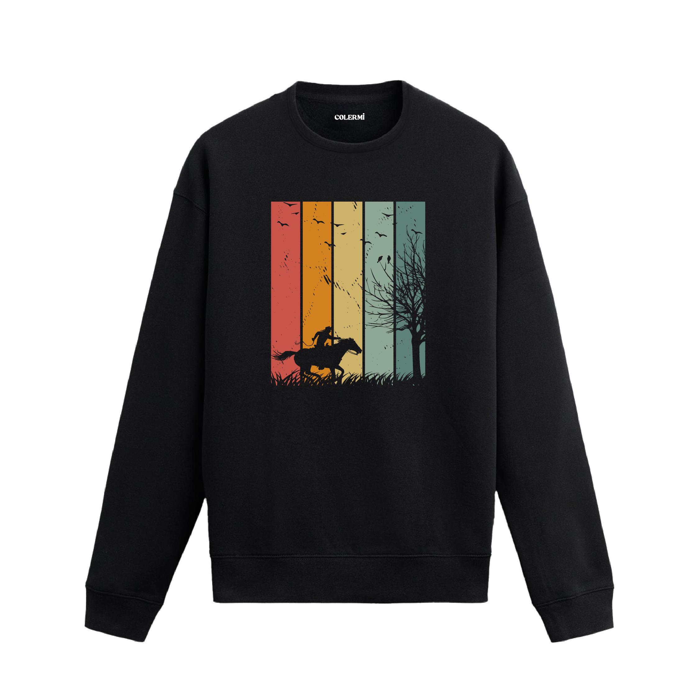 Retro tarzda gün batımı önünde atlı siluet baskılı siyah sweatshirt.