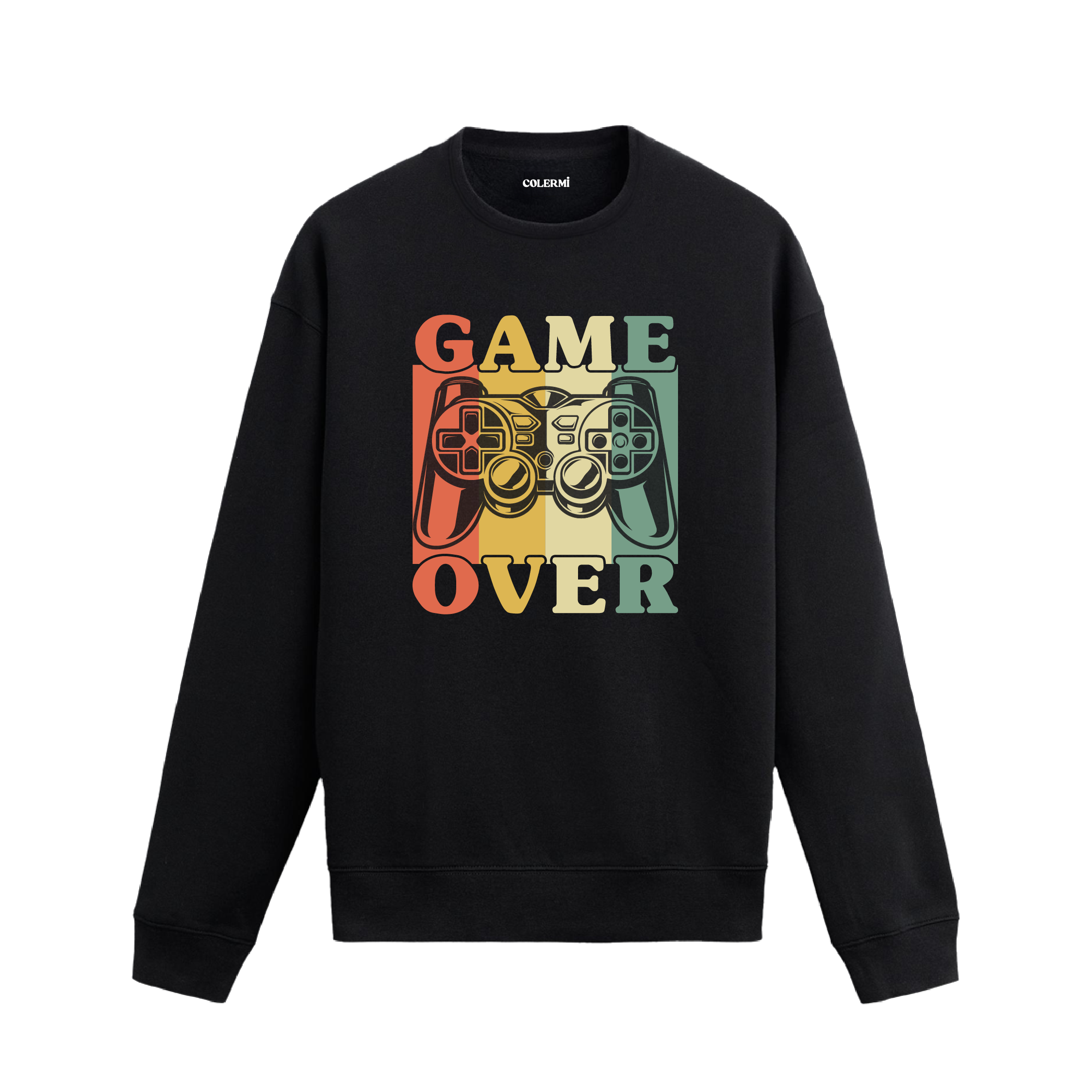 Retro oyun kumandası ve “Game Over” yazılı sweatshirt.