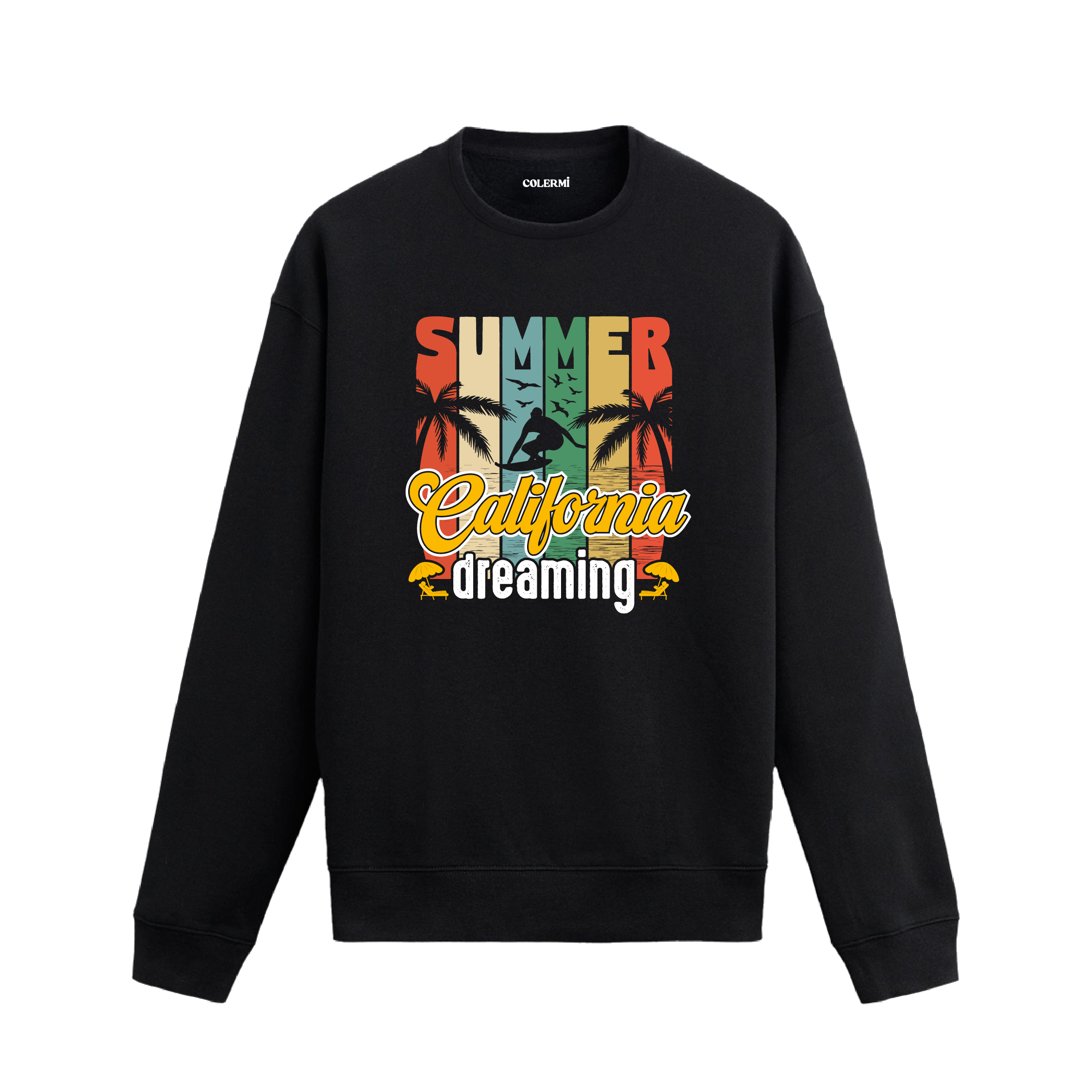 Palmiye ve sörf baskılı retro yaz temalı Kaliforniya sweatshirt.