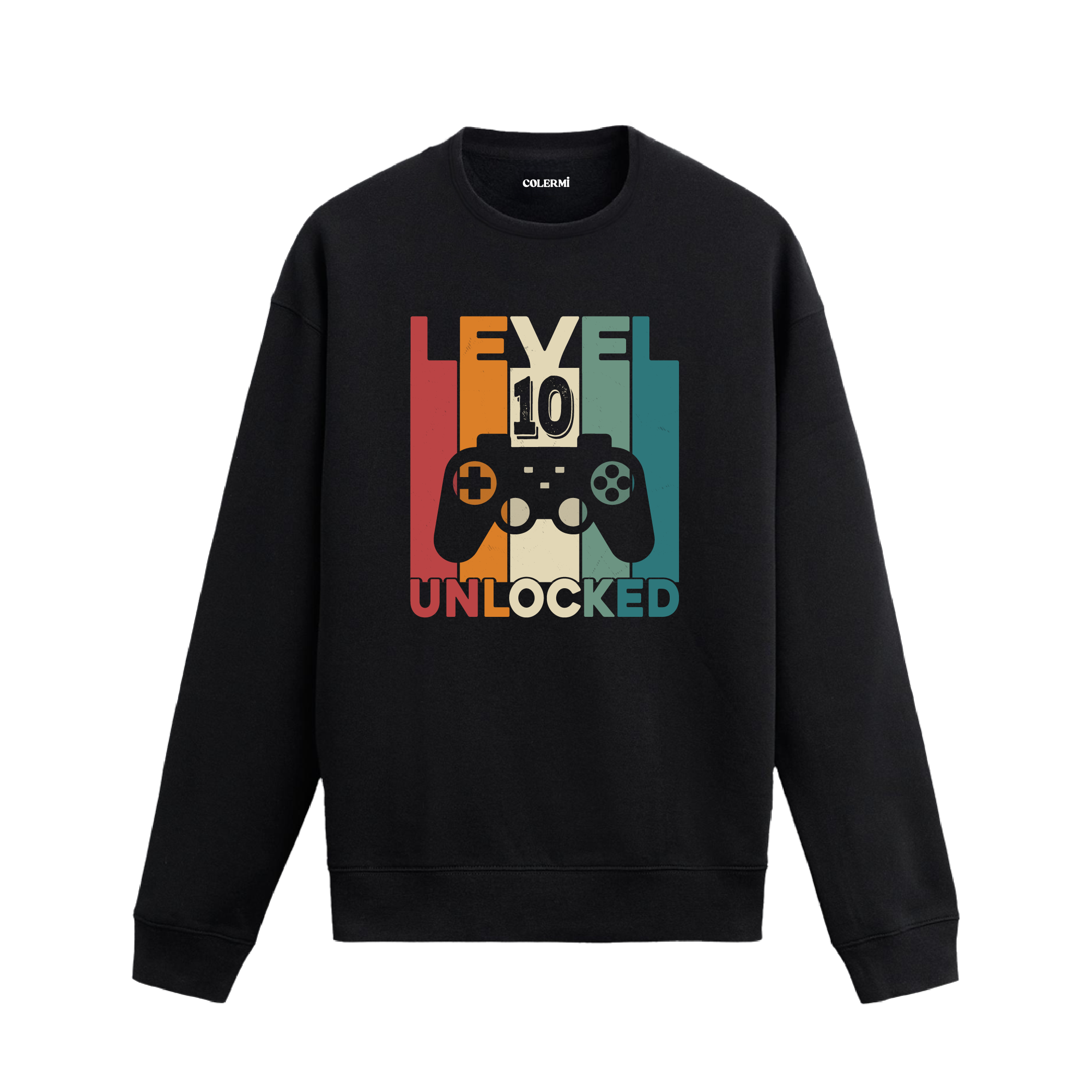 Retro renk blokları üzerinde oyun konsolu ve “Seviye 10 Açıldı” yazılı siyah sweatshirt.