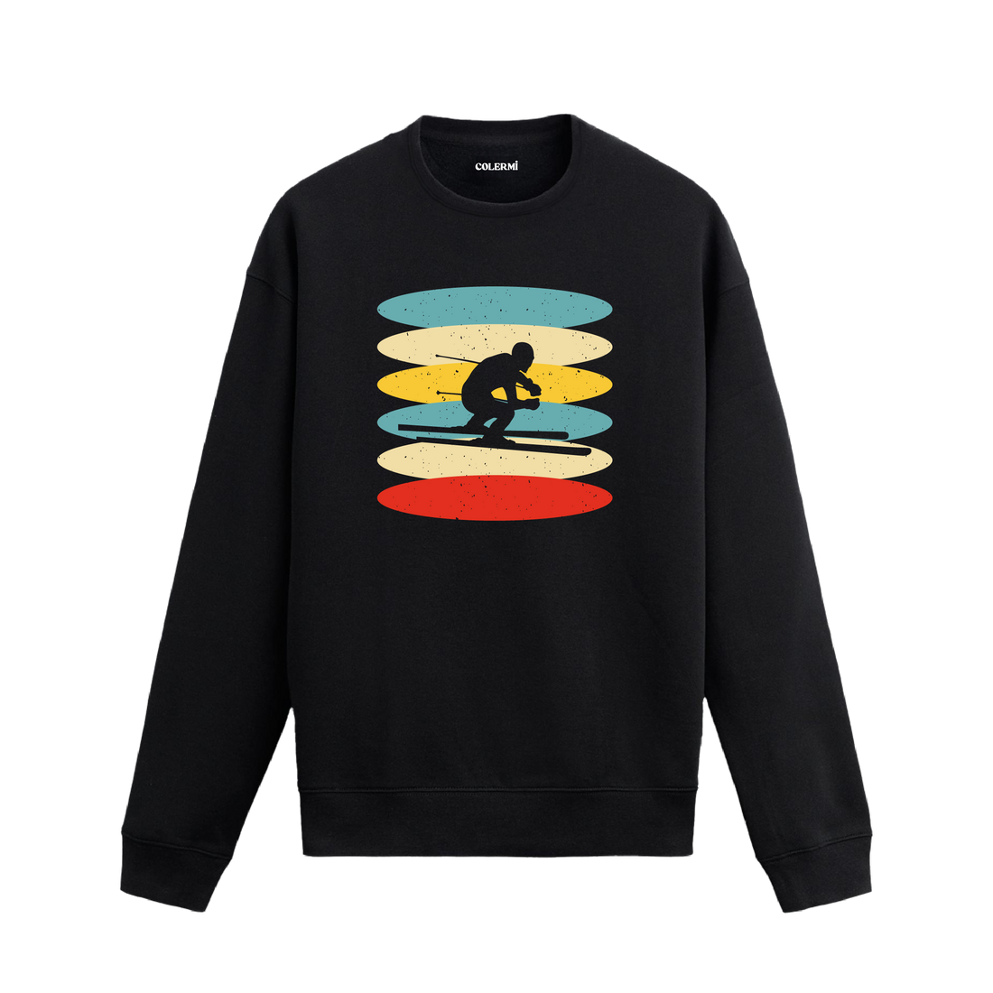 Retro renk tonlarında sörfçü baskılı sweatshirt.