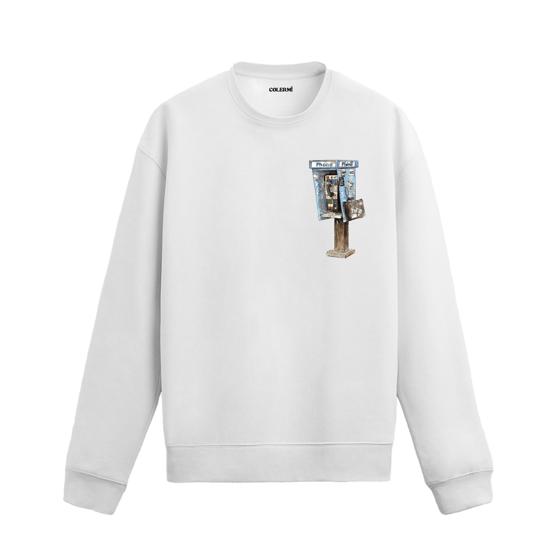 Retro telefon kulübesi ve çanta detaylı sweatshirt tasarımı.