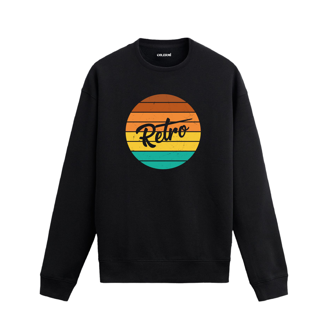 Renkli çizgilerden oluşan daire içinde “Retro” yazısı bulunan baskıya sahip siyah sweatshirt.