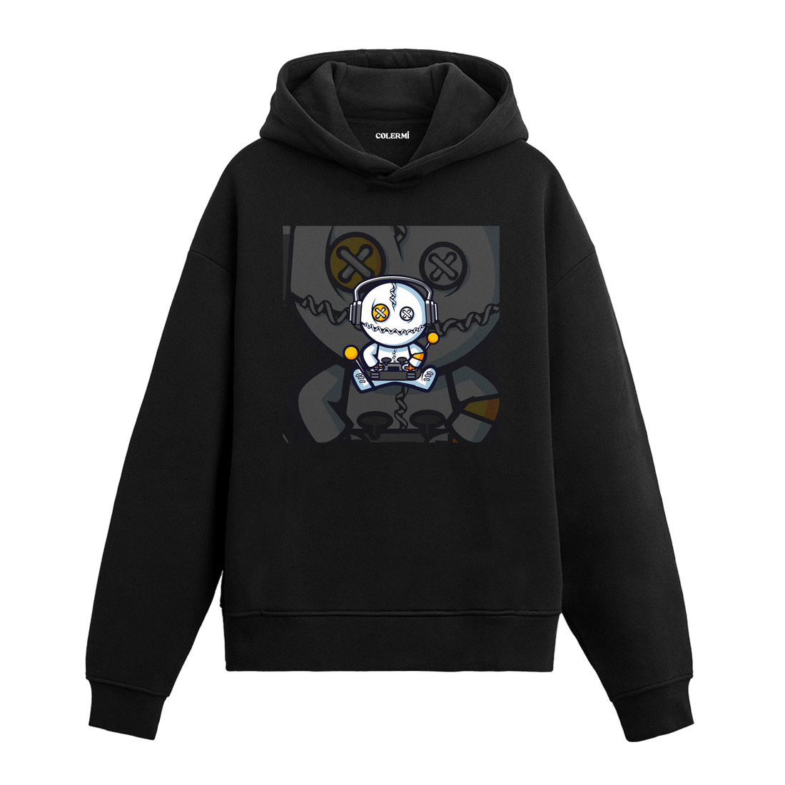 Siyah robot baskılı hoodie, oyun konsolu tutan kulaklıklı tasarım, pamuklu unisex hoodie