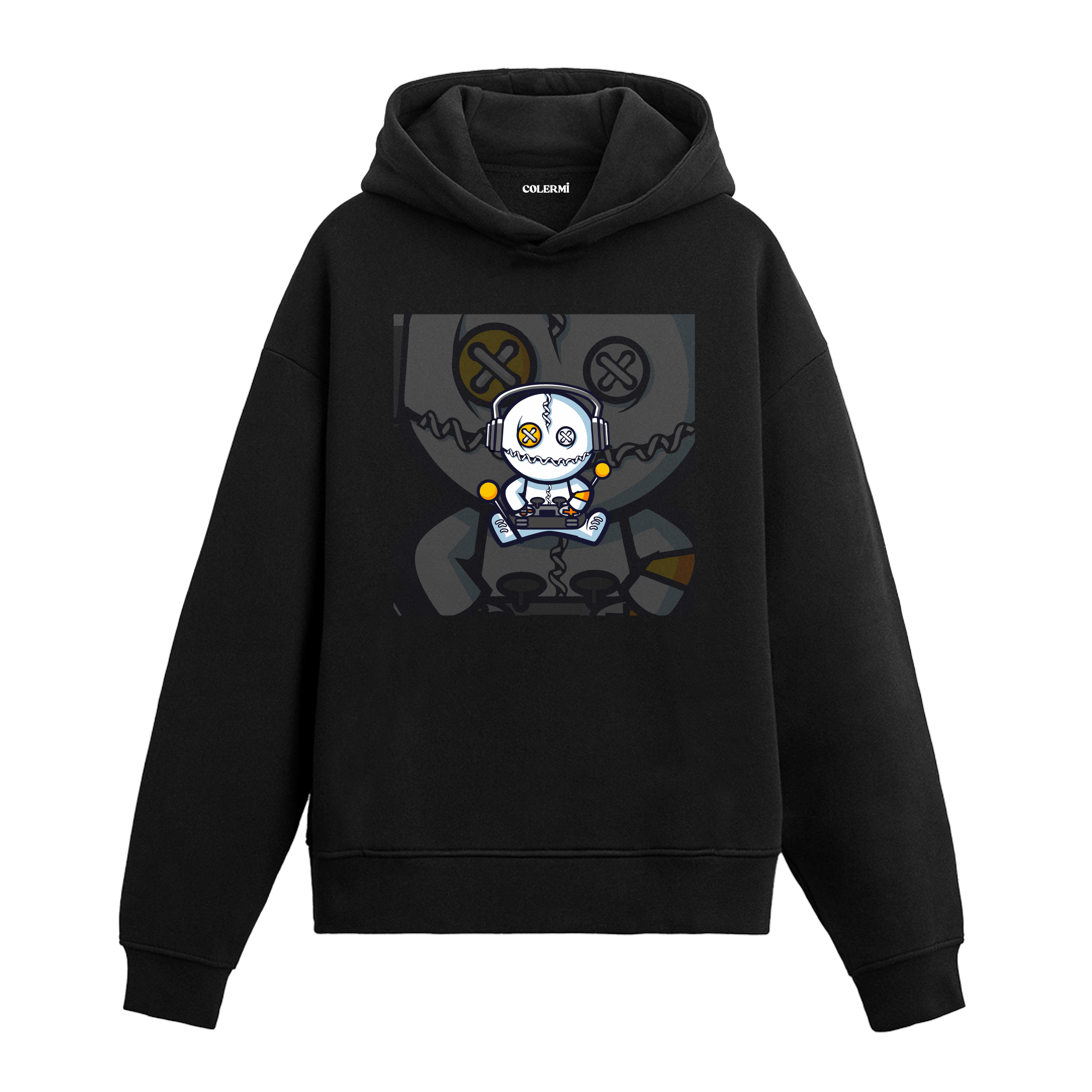 Siyah robot baskılı hoodie, oyun konsolu tutan kulaklıklı tasarım, pamuklu unisex hoodie