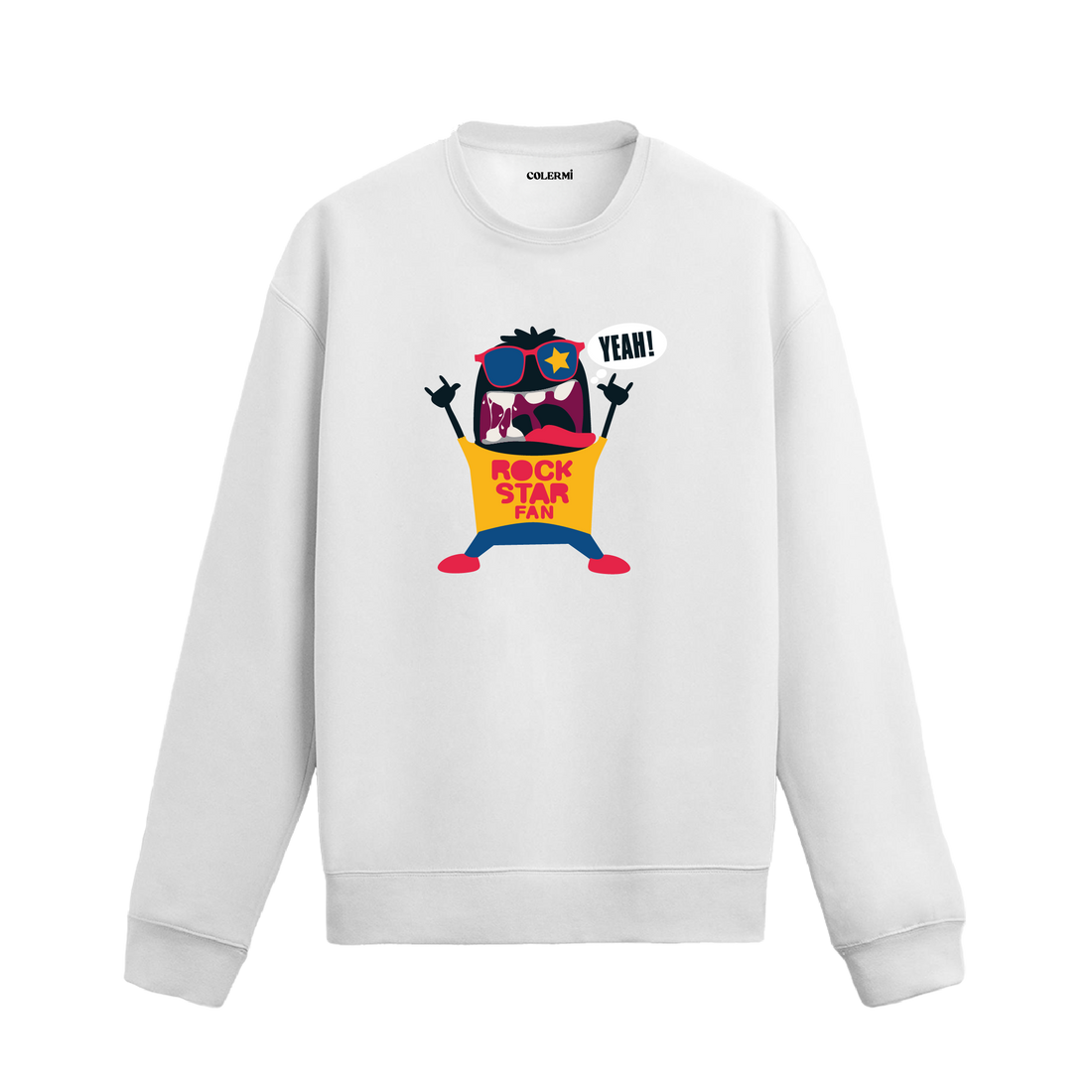 Beyaz sweatshirt üzerinde rockstar karakter tasarımı