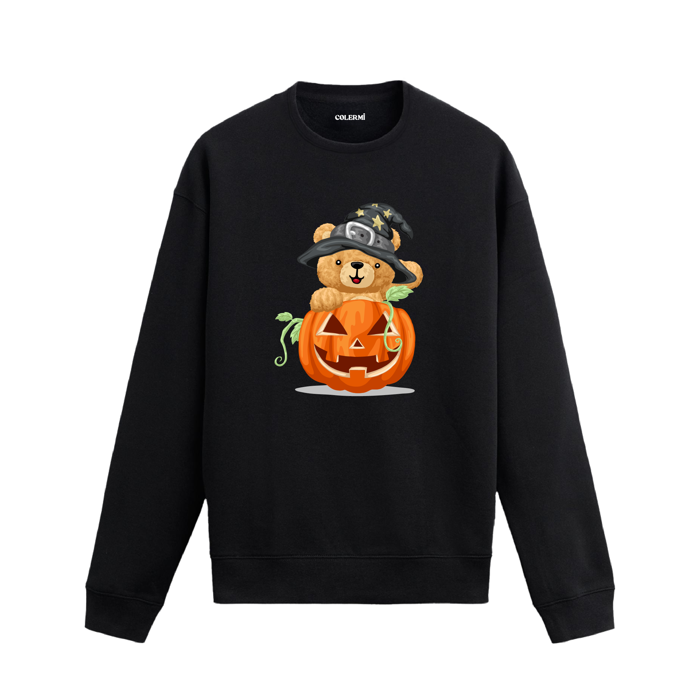 Cadı Şapkalı Ayıcık ve Balkabağı Baskılı Sweatshirt