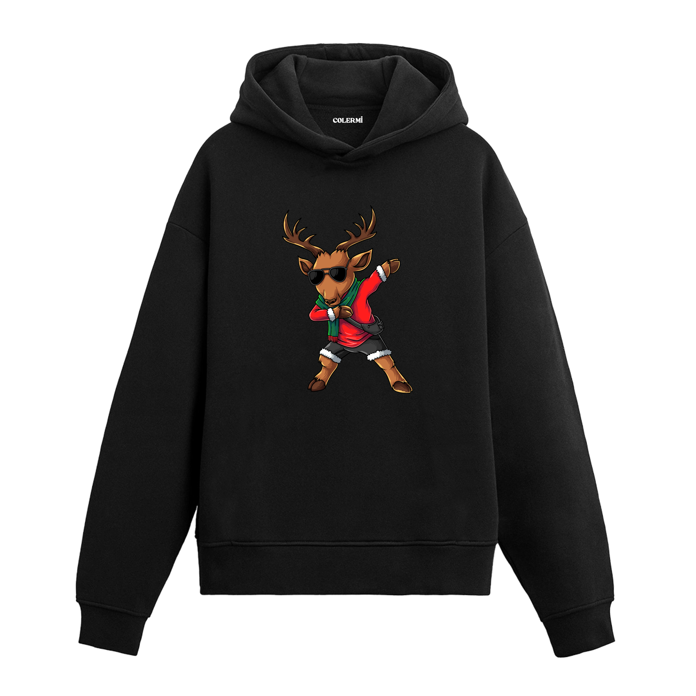 Siyah dans eden geyik baskılı hoodie, dab pozu, %100 premium pamuk, unisex yılbaşı hoodie