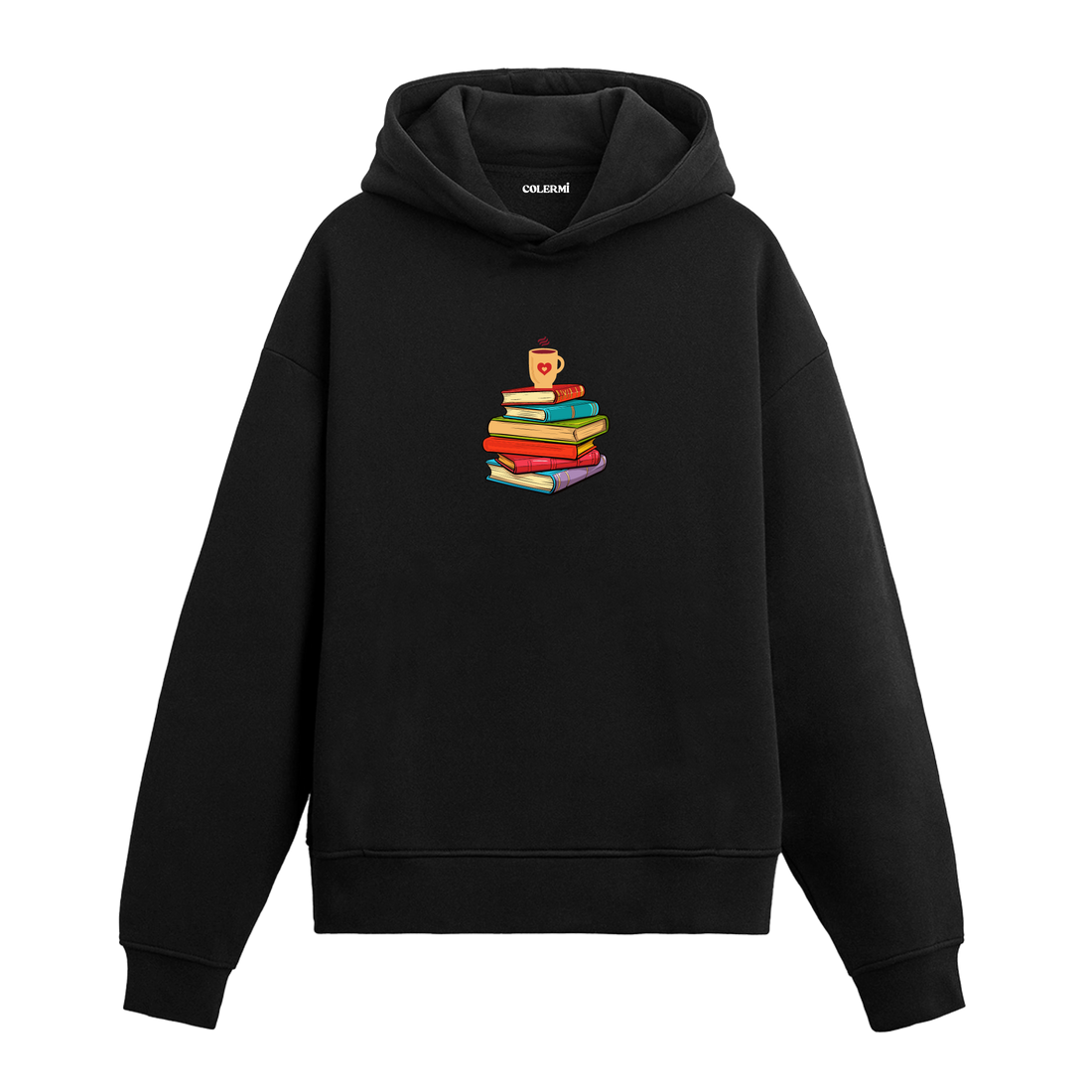 Siyah kitap ve kahve baskılı hoodie, %100 pamuk, unisex, kitap tutkunları için hoodie