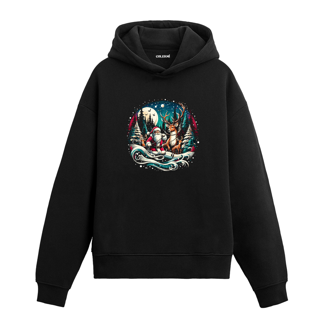 Siyah Noel Baba ve geyik baskılı hoodie, %100 premium pamuk, unisex, yılbaşı tasarım
