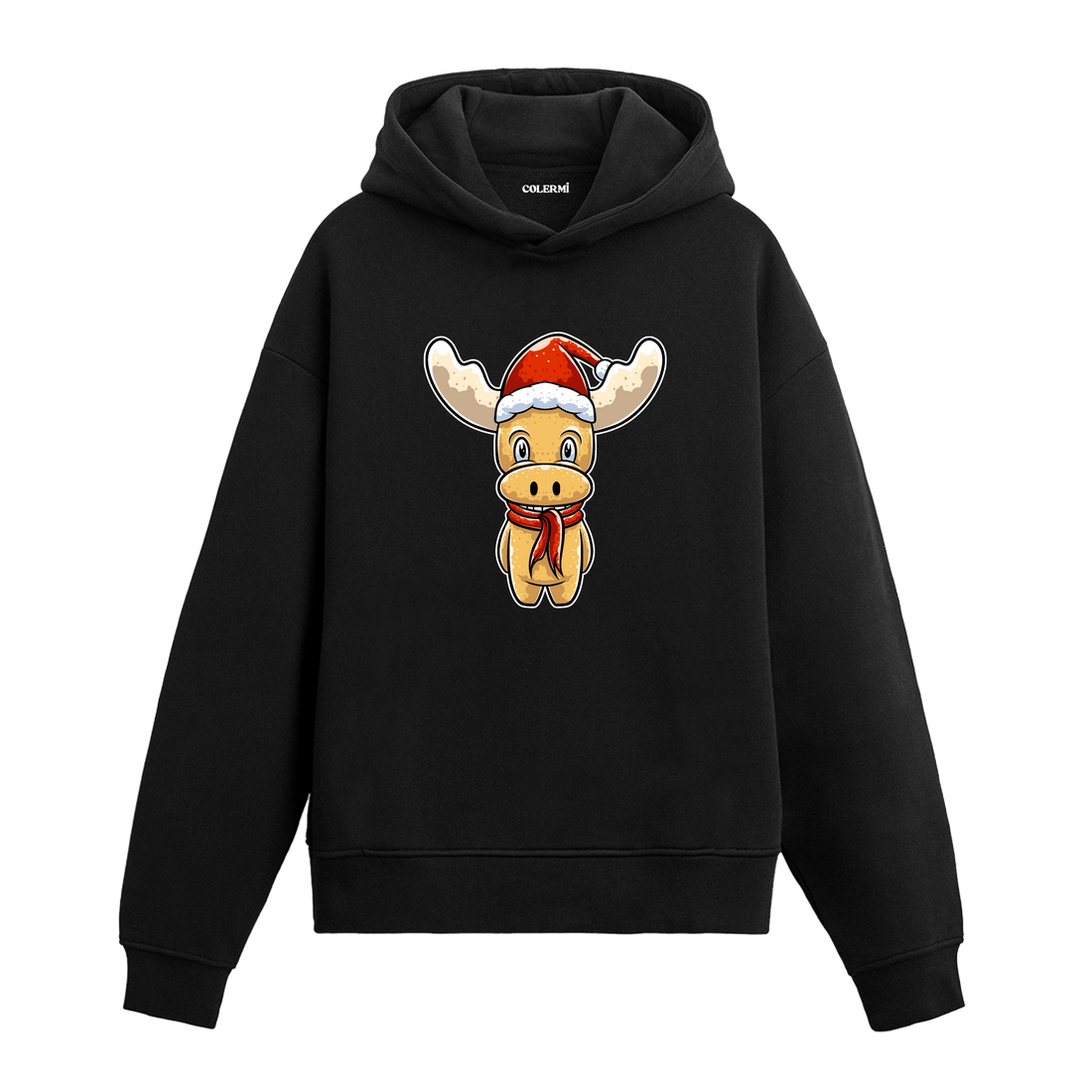 Siyah sevimli Noel geyiği baskılı hoodie, yılbaşı tasarım, %100 premium pamuk, unisex hoodie