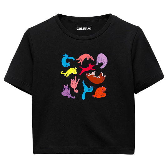 Yoga Crop T-Shirt - Renkli Kedilerin Yoga Pozları