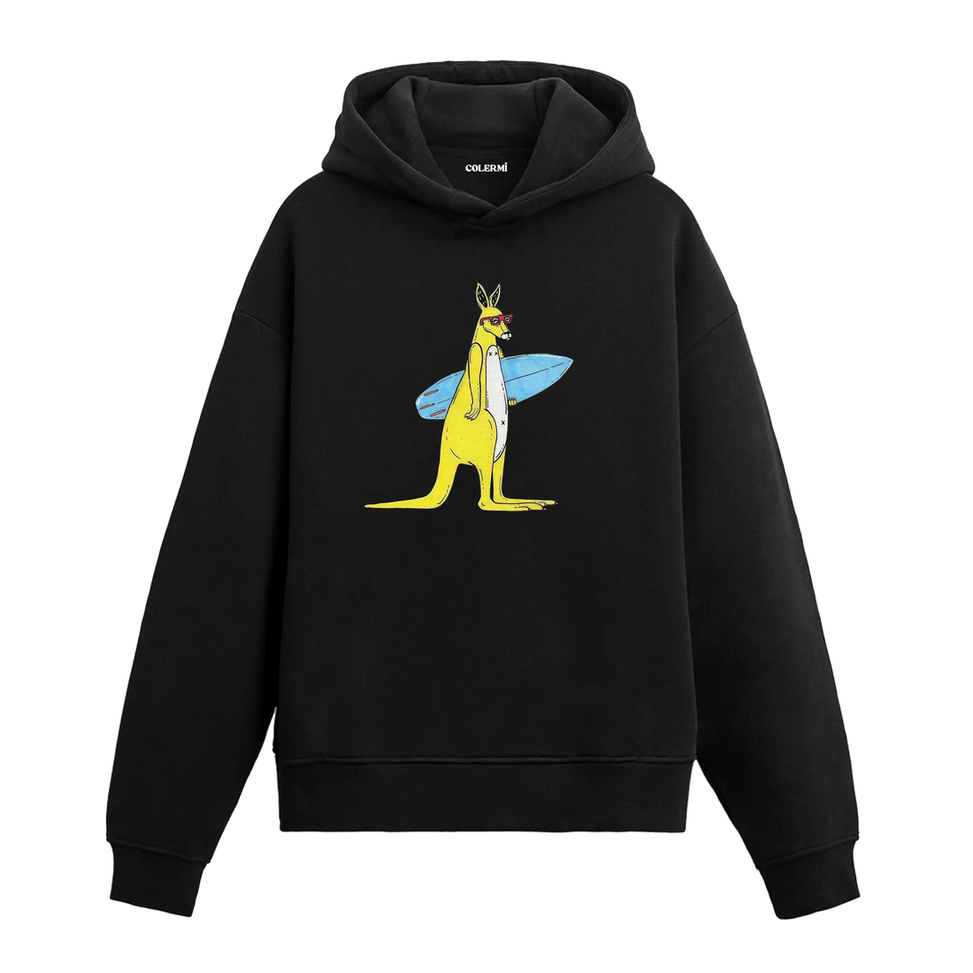 Sörf tahtası taşıyan güneş gözlüklü kanguru figürlü Colermi hoodie.