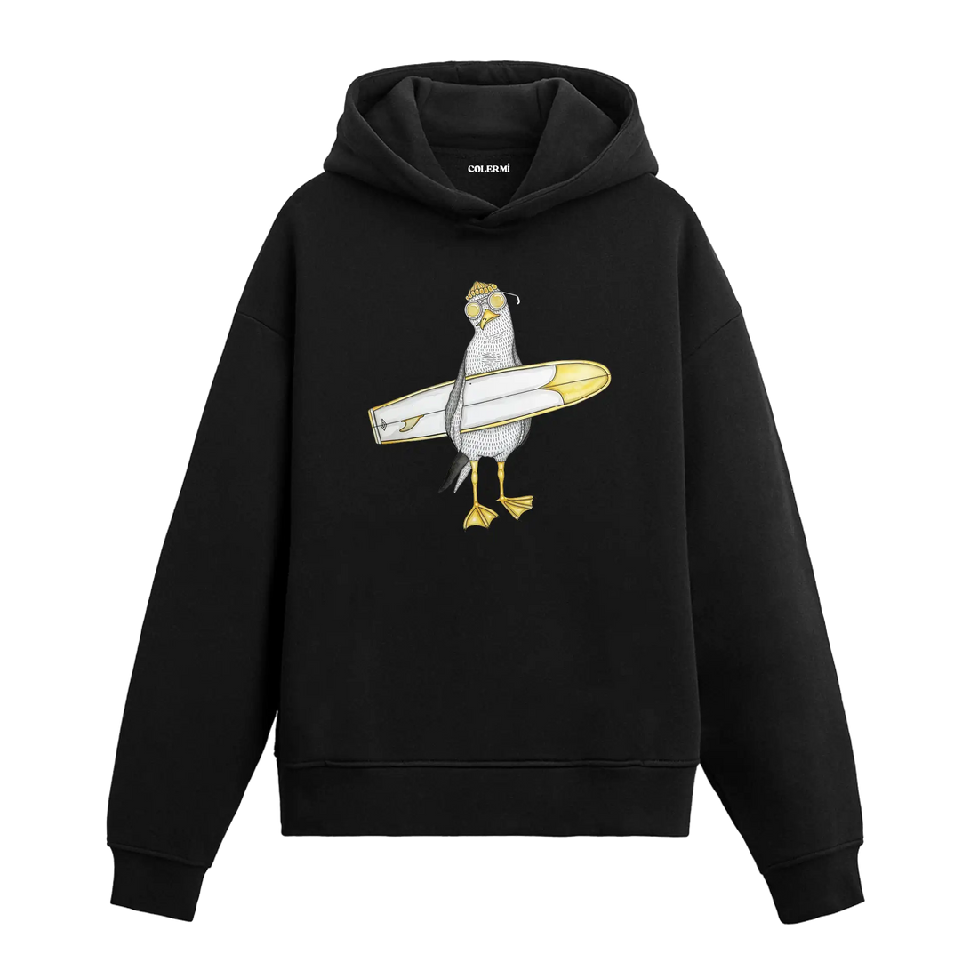 Sörf tahtası taşıyan güneş gözlüklü martı figürlü Colermi hoodie.
