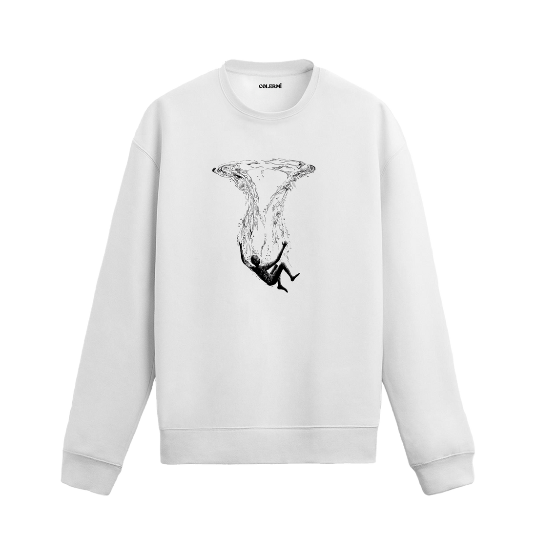 Suyun yüzeyinden aşağı doğru süzülen insan silueti figürlü Colermi sweatshirt.