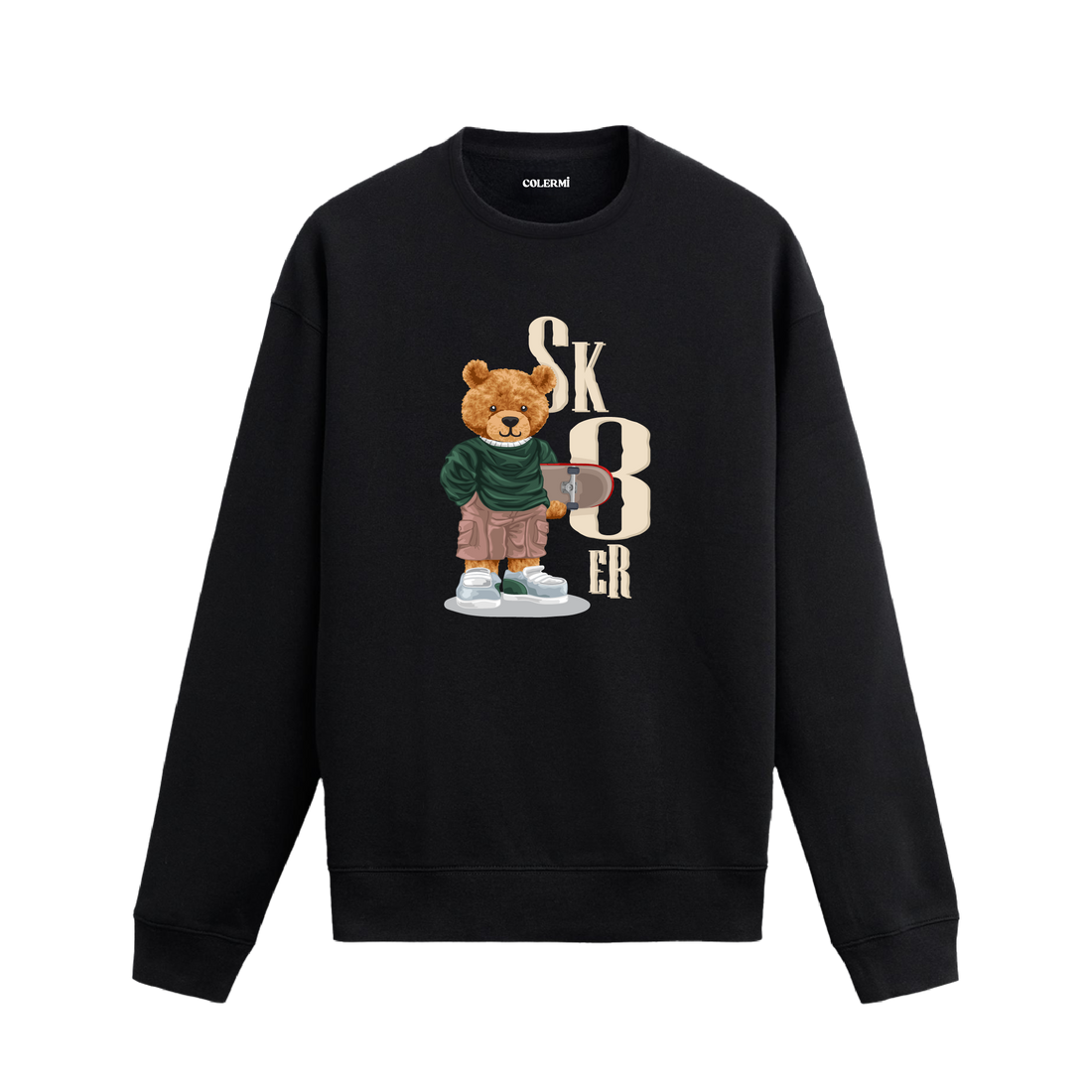 Skater Bear Ayıcık Baskılı Sweatshirt, kaykay temalı tasarımı ve %100 pamuklu kumaşı ile konforlu ve enerjik bir stil sunuyor.