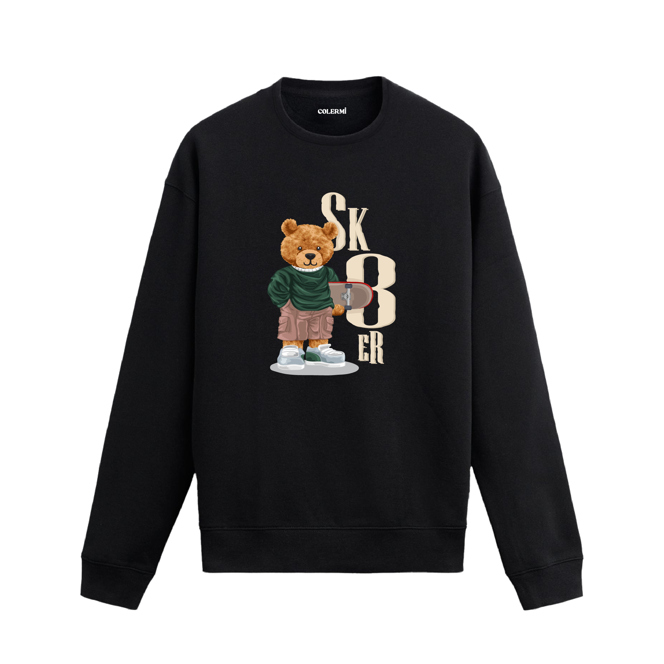 Skater Bear Ayıcık Baskılı Sweatshirt, kaykay temalı tasarımı ve %100 pamuklu kumaşı ile konforlu ve enerjik bir stil sunuyor.