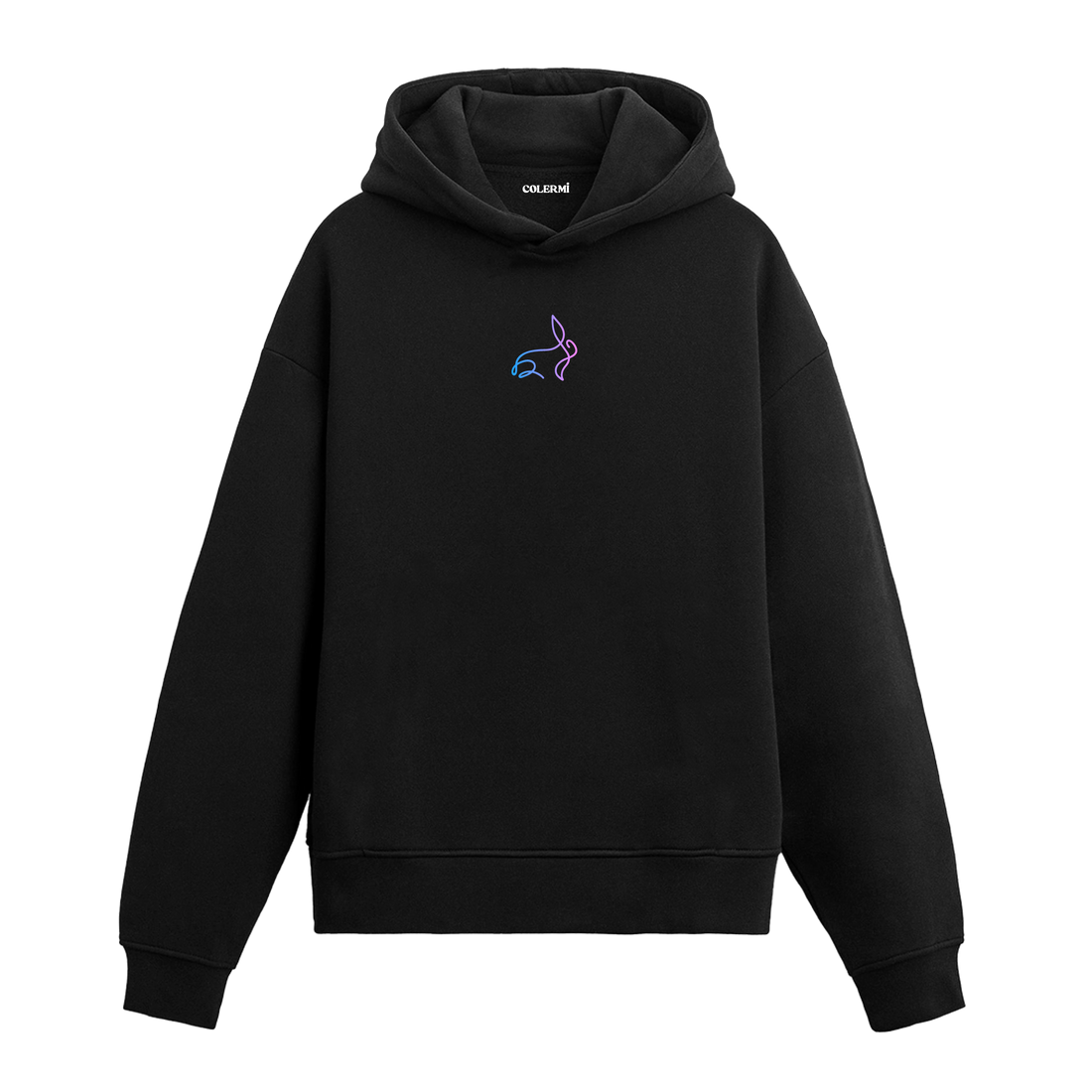 Siyah hoodie üzerinde neon tavşan baskısı