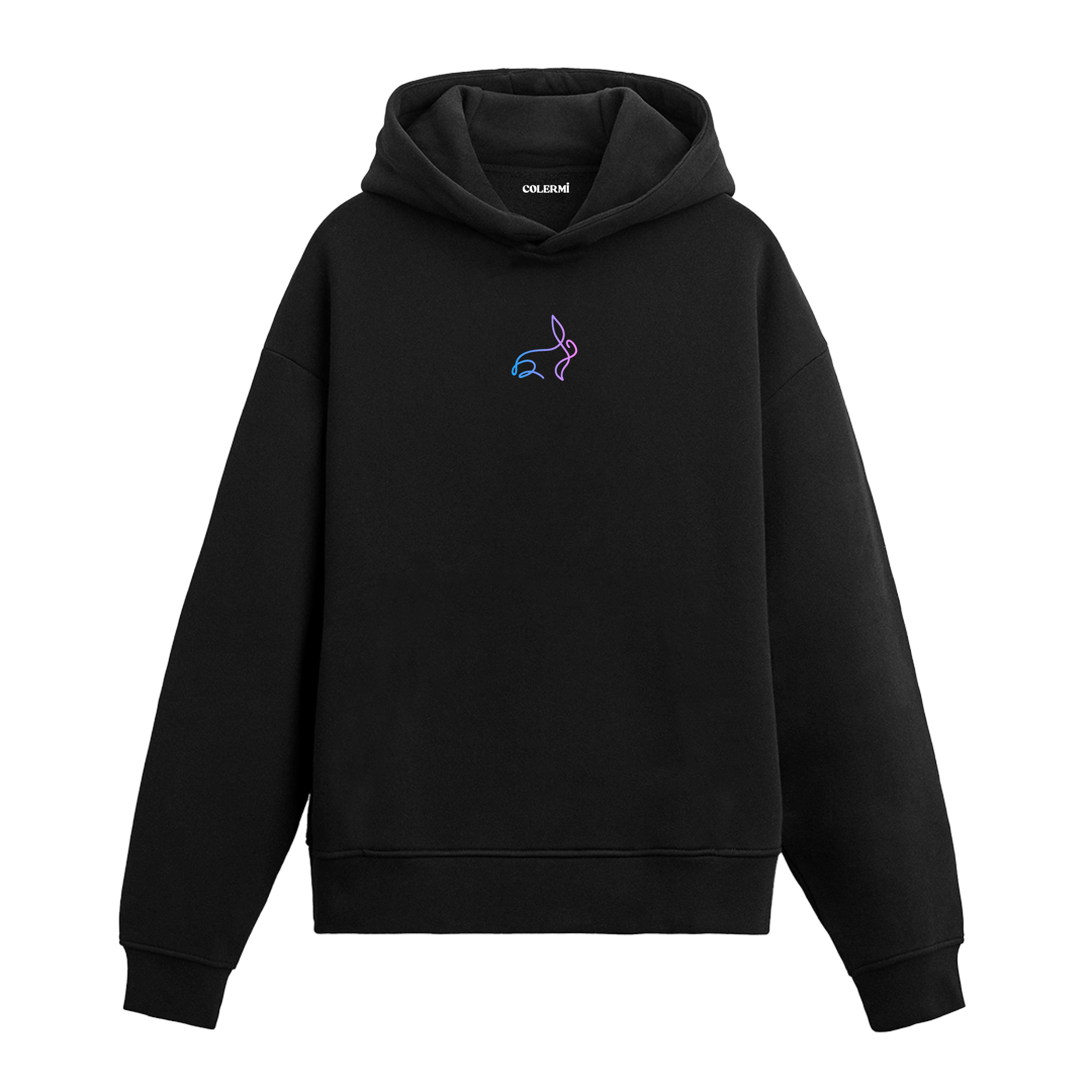 Siyah hoodie üzerinde neon tavşan baskısı