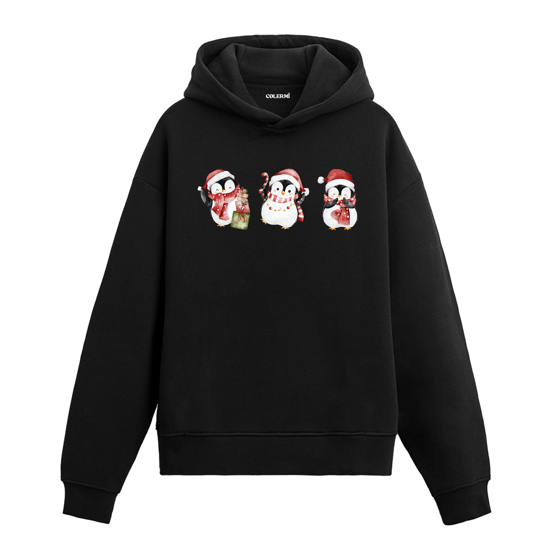Siyah hoodie, Noel şapkalı ve atkılı üç penguen baskısı, pamuklu unisex hoodie