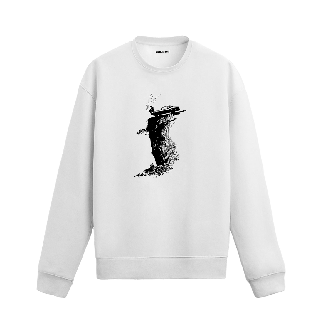 Uçurumun kenarında arabasıyla duran figürün yer aldığı Colermi sweatshirt.