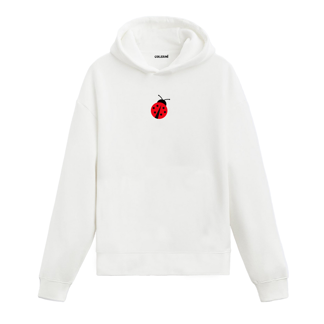 Beyaz hoodie, uğur böceği minimal baskı, zarif pamuklu hoodie