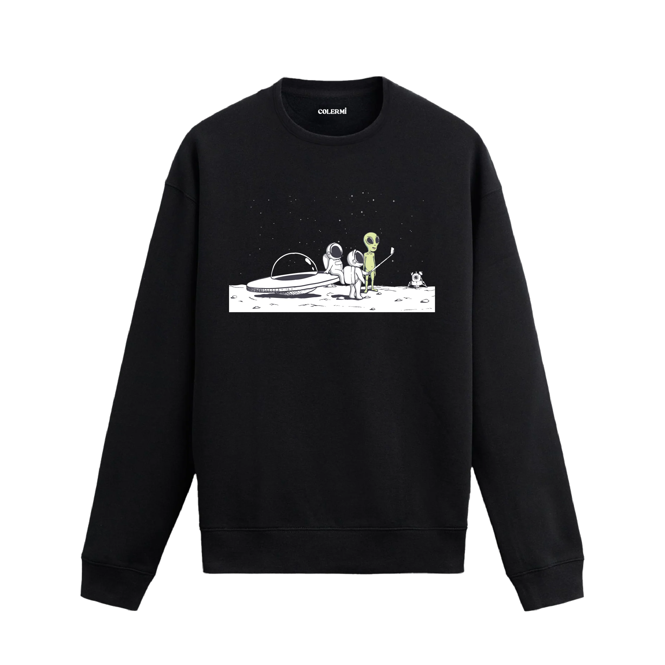 Ay yüzeyinde uzaylıyla karşılaşan ve selfie çeken astronotların bulunduğu eğlenceli tasarımlı sweatshirt.