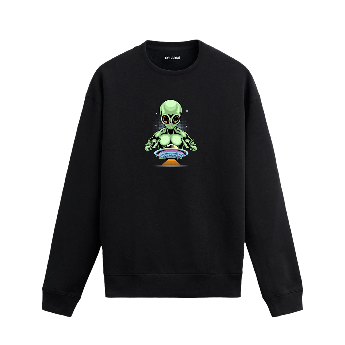 Sweatshirt üzerinde uzaylı figürü ve uçan daire baskısı bulunan Colermi tasarımı