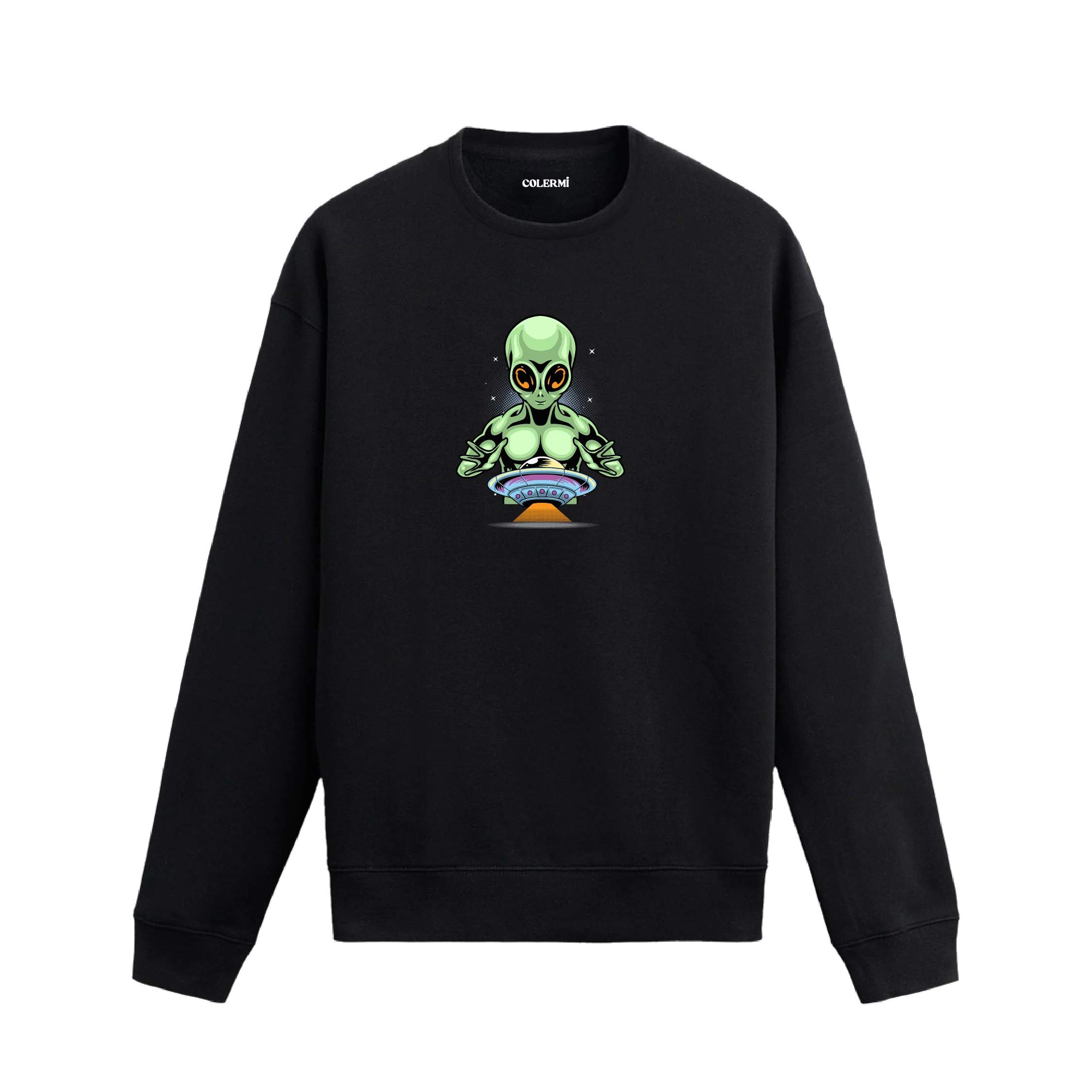 Sweatshirt üzerinde uzaylı figürü ve uçan daire baskısı bulunan Colermi tasarımı