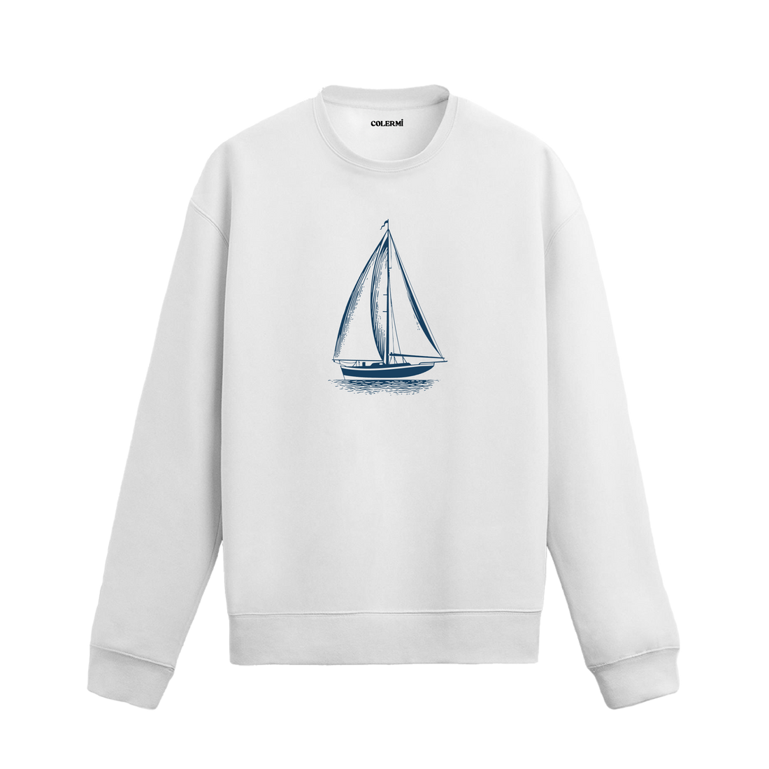 Minimal çizgilerle tasarlanmış, yelkenleri açık klasik yelkenli figürlü sweatshirt deseni.