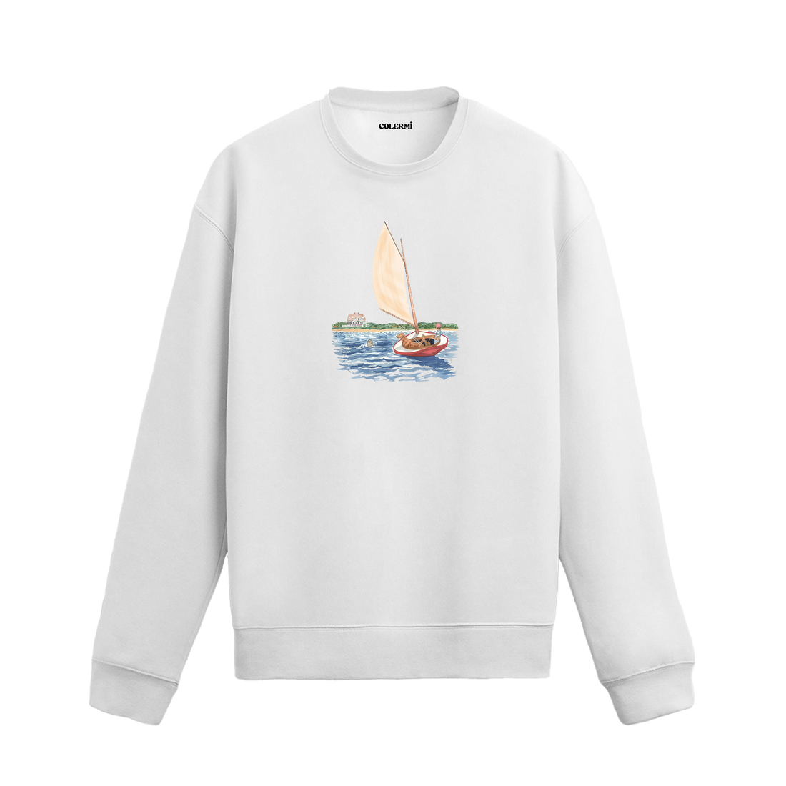 Yelkenlide insan ve köpeğin bulunduğu, denizde fok figürü ve sahil eviyle tamamlanan huzurlu tasarıma sahip sweatshirt.