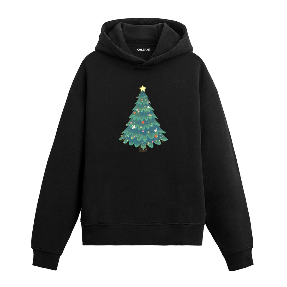 Siyah hoodie, yıldızlı ve süslemeli yılbaşı ağacı baskısı, pamuklu unisex hoodie