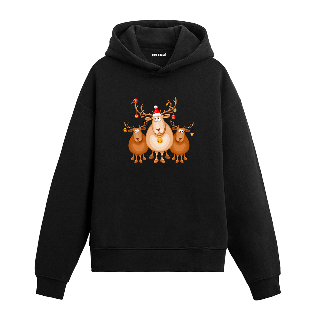 Siyah hoodie, Noel şapkalı geyik ve iki küçük geyik figürü baskısı, pamuklu unisex hoodie