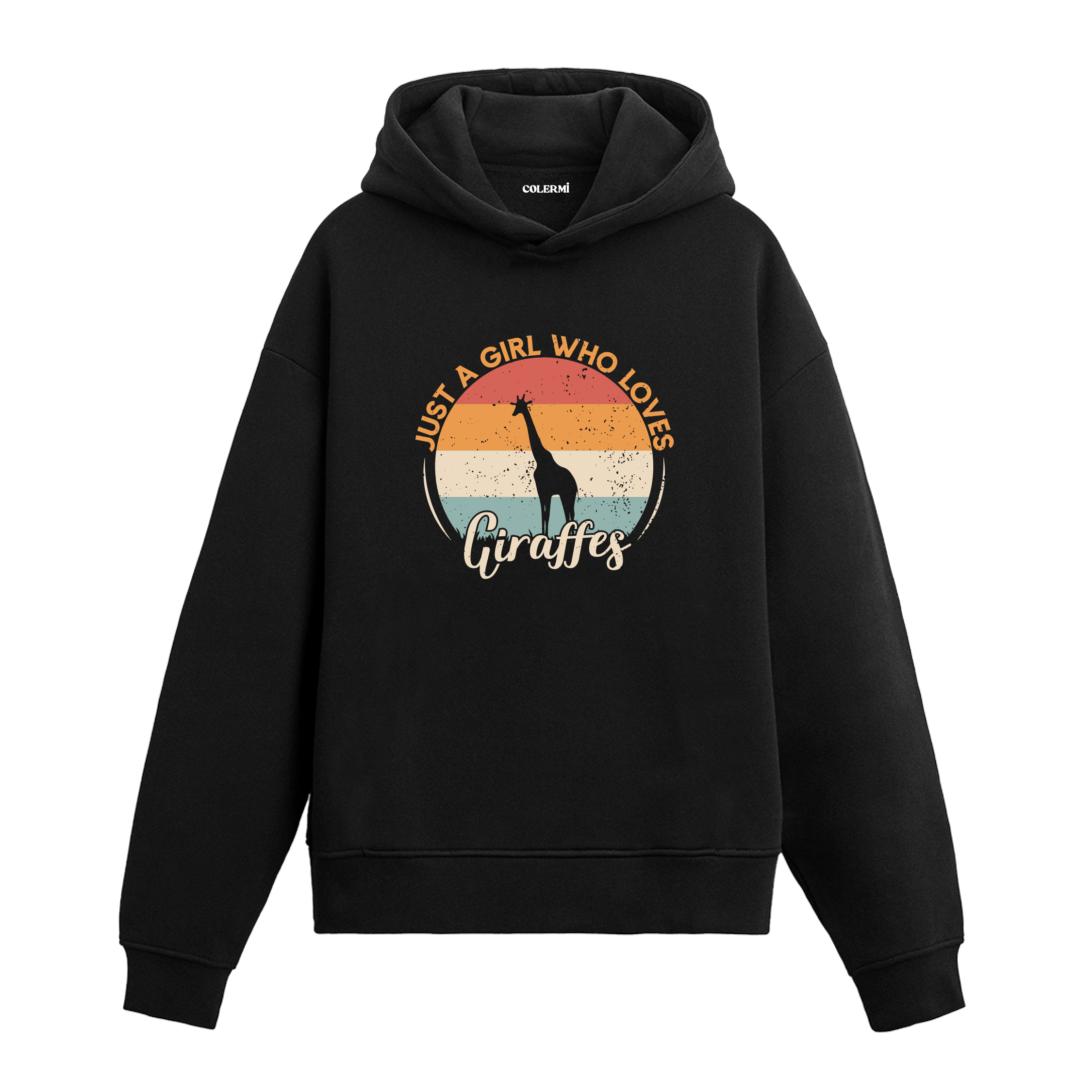 Retro günbatımı dairesinde zürafa ve “Just a Girl Who Loves Giraffes” yazılı siyah hoodie