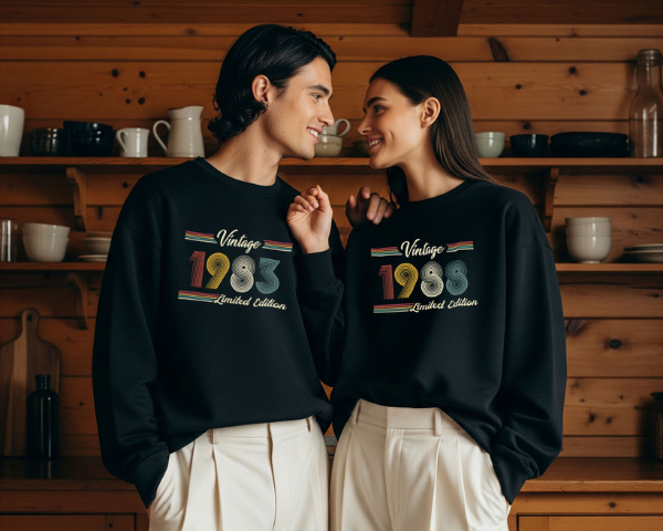 Vintage tasarımlı sweatshirt giyen iki kişinin günlük stil kombinini yansıtan yaşam tarzı fotoğrafı