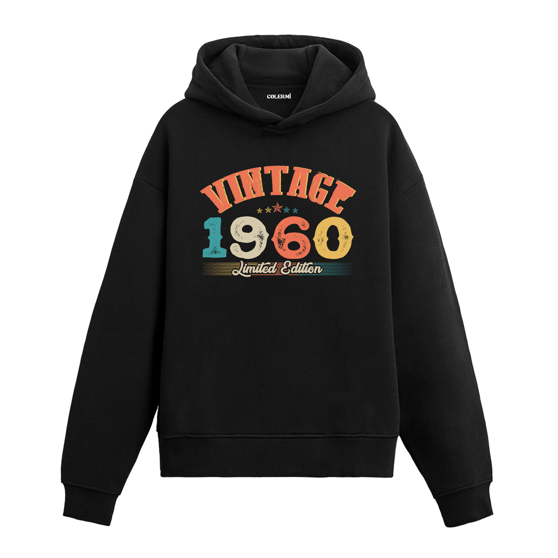 1960 yılına özel tasarlanmış siyah Vintage Hoodie Echo, retro yıl baskılı modern hoodie modeli.