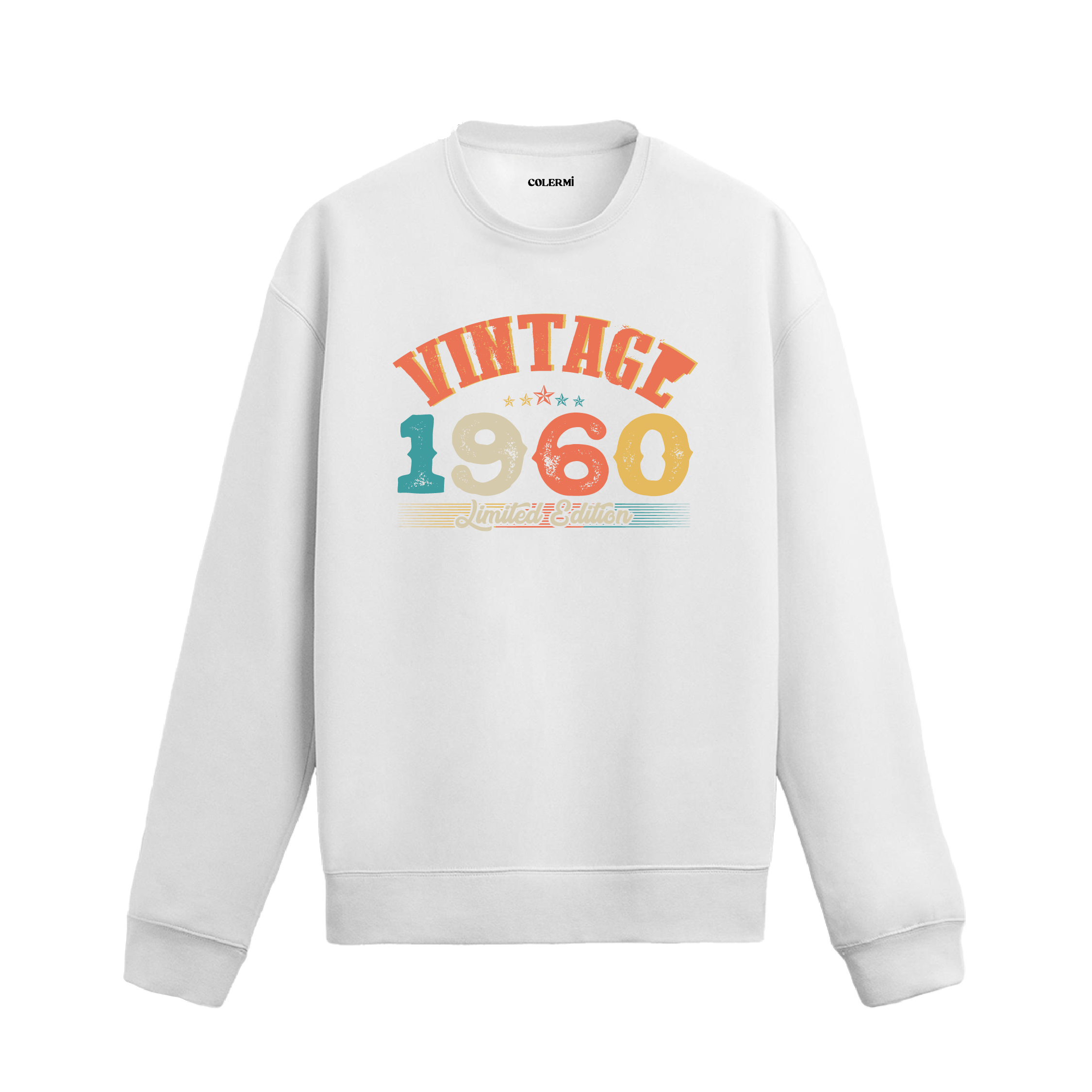 1960 yılına özel tasarlanmış beyaz Vintage Sweatshirt Echo, retro yazı ve yıl baskılı sweatshirt modeli.