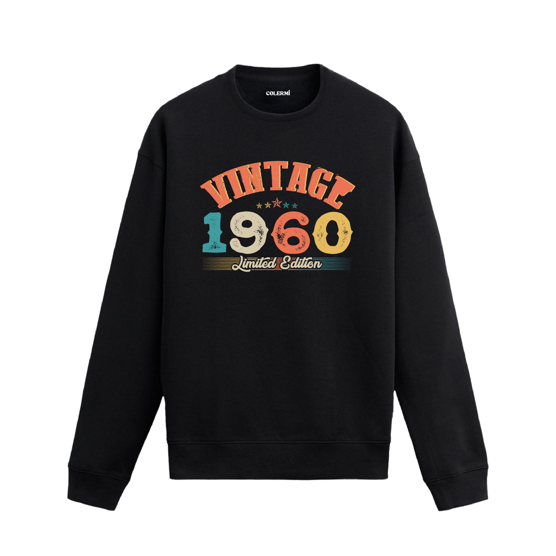 1960 yılına özel tasarlanmış siyah Vintage Sweatshirt Echo, retro yazı ve yıl baskılı sweatshirt modeli.